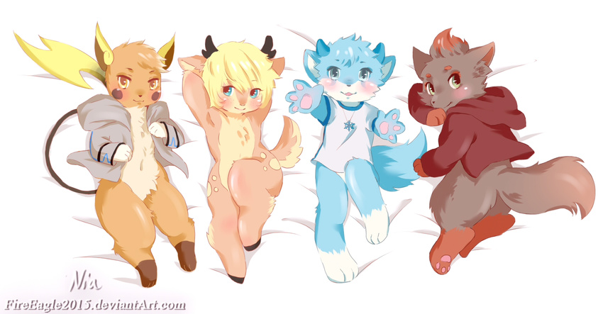 &lt;3 bed blush cervine chest_tuft coat cute dakimakura_design deer eeveelution female hoddie horn hybrid lying male mammal mustelid nintendo otter paws pok&eacute;mon raichu scarf senz smile tuft video_games zorua