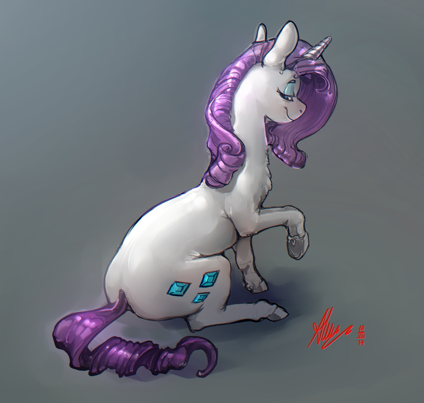 2017 alumx cutie_mark equine female feral friendship_is_magic grey_background hair hi_res horn looking_at_viewer looking_back mammal my_little_pony purple_hair rarity_(mlp) simple_background smile solo unicorn