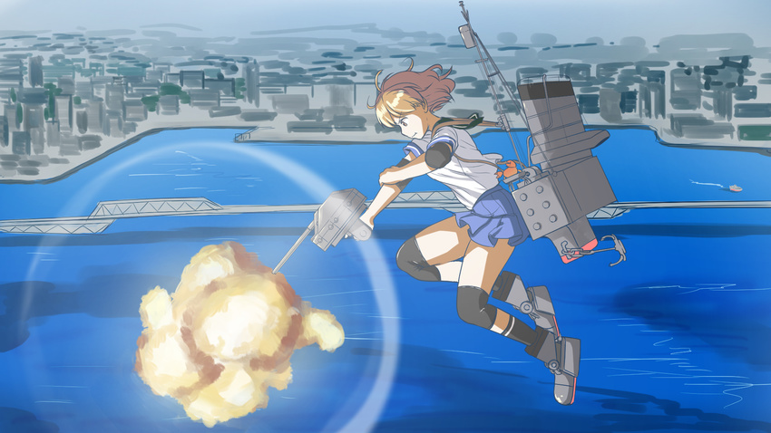 anchor bay boat brown_hair cityscape commentary_request crab firing highres kantai_collection mimofu_(fullhighkick) oboro_(kantai_collection) ocean sailing school_uniform serafuku short_hair smokestack torpedo turret water watercraft