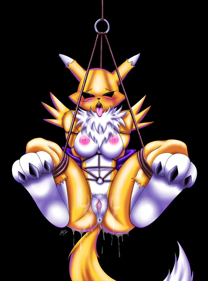 2017 andersonicth anthro anus areola bdsm big_breasts blush bondage bound breasts digimon dripping erect_nipples female frogtied fucked_silly hands_behind_back hi_res legs_tied looking_pleasured nipples nude open_mouth pussy pussy_juice renamon restrained solo suspension tongue tongue_out
