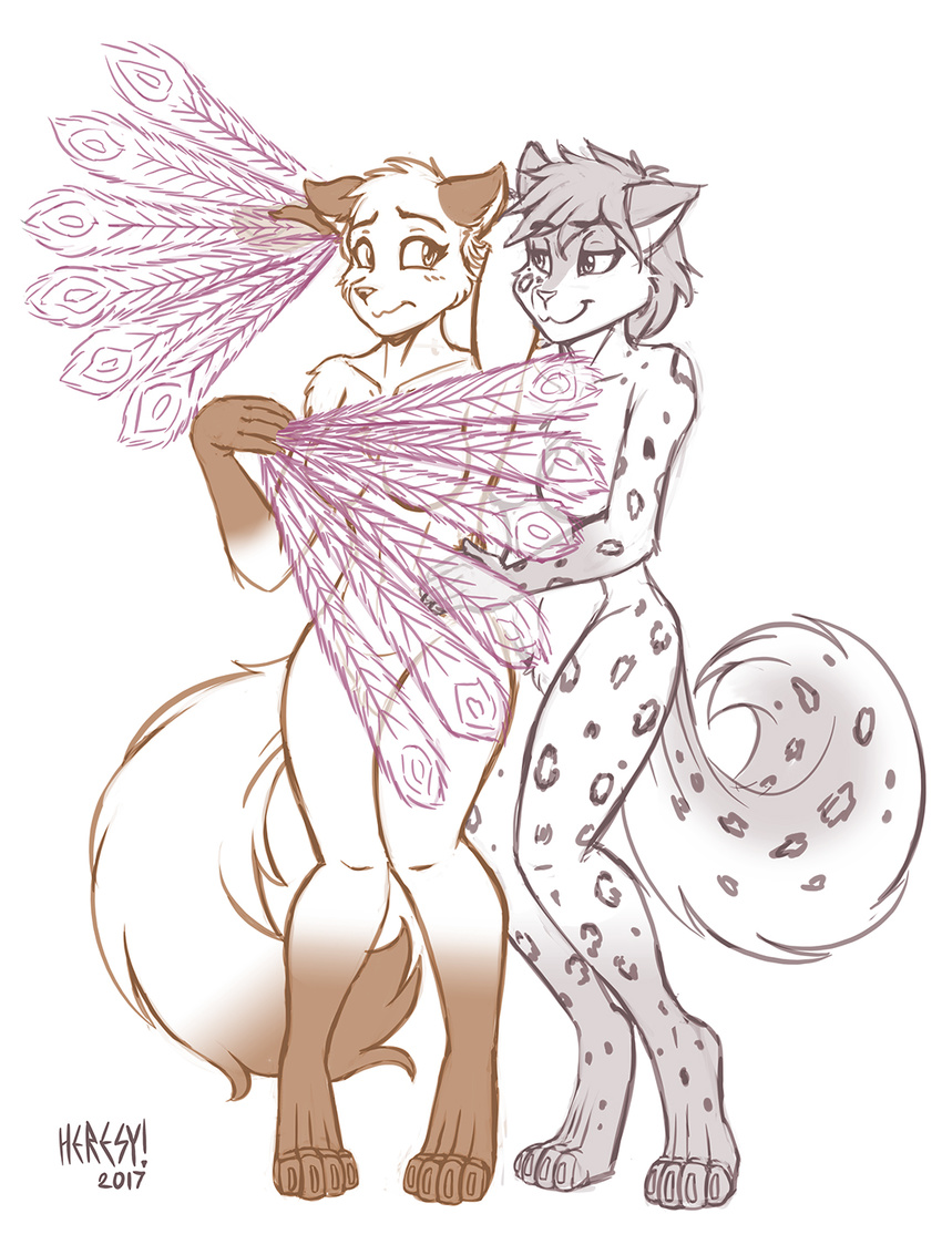 2017 blush canine covering crossgender digitigrade dipstick_tail feline female fox gloves_(marking) heresy_(artist) hybrid kathrin_(twokinds) keidran mammal markings mike_(twokinds) monochrome multicolored_tail nude pubes simple_background socks_(marking) spots striptease twokinds white_background