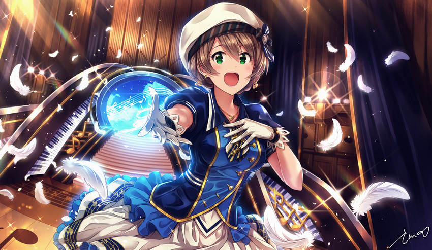 ahoge blush braid commentary_request dress earrings feathers french_braid gloves green_eyes hat idolmaster idolmaster_million_live! idolmaster_million_live!_theater_days ima_(lm_ew) jewelry looking_at_viewer necklace open_mouth outstretched_arm piano_keys sakuramori_kaori signature solo stage tied_hair