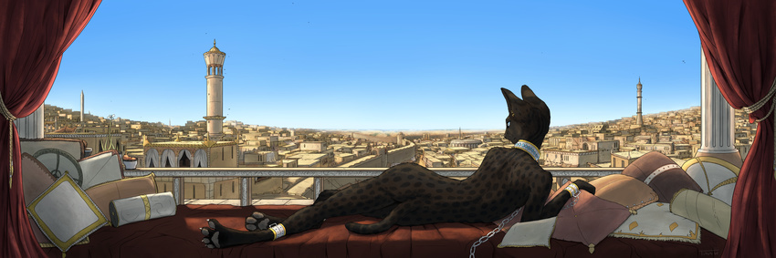 2016 4_toes anthro balcony black_fur blue_eyes building chain city cityscape collar day detailed_background digitigrade drapes ears_up feline female fur hi_res hindpaw horizon looking_outside lying mammal melanism mosque nude on_side panoramic pawpads paws pillow restraints serval shackles sky solo spots spotted_fur stretching titusw toes