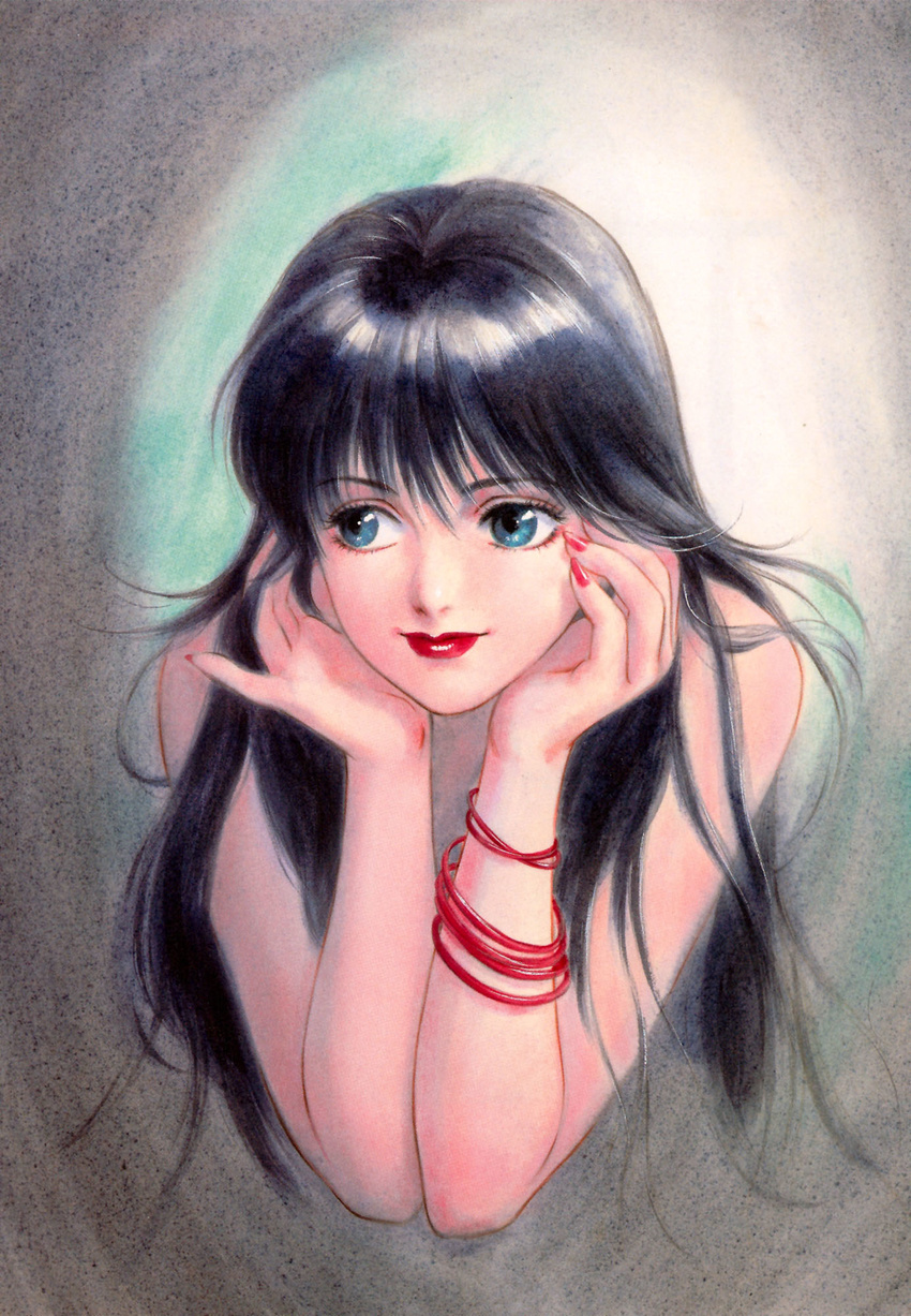 80s aqua_eyes ayukawa_madoka black_hair bracelet hands_on_own_cheeks hands_on_own_face highres jewelry kimagure_orange_road lipstick long_hair makeup nail_polish official_art oldschool solo takada_akemi traditional_media upper_body watercolor_(medium)