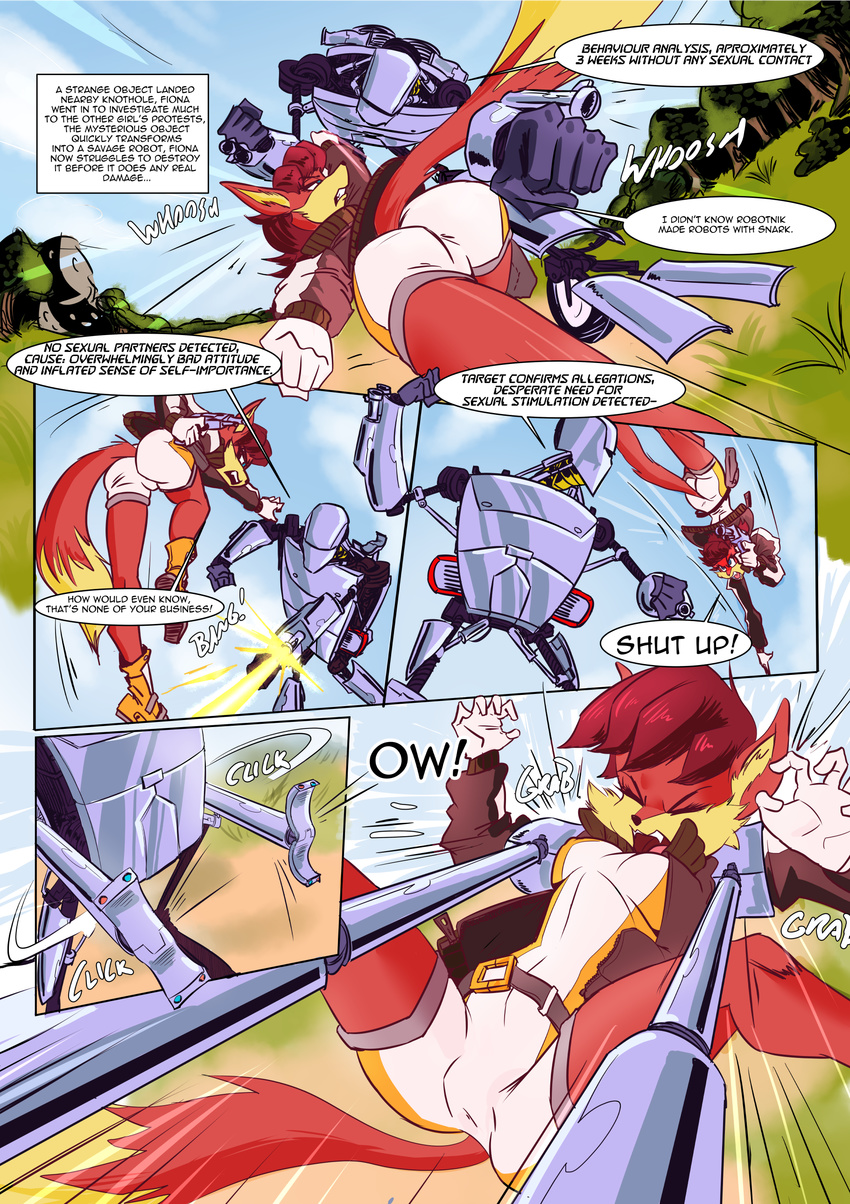 anthro archie_comics blue_eyes butt canine captainjingo comic dialogue english_text eyes_closed female fight fiona_fox fox fur hair machine male mammal open_mouth red_fur red_hair robot sonic_(series) sound_effects speech_bubble text