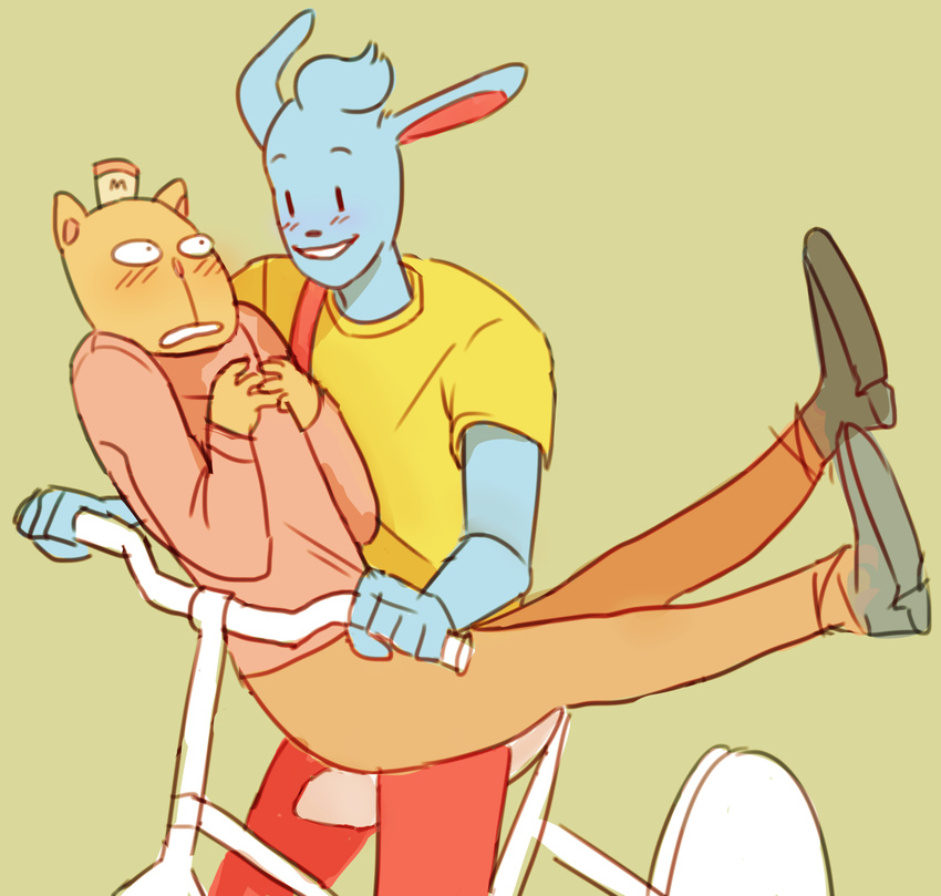 anthro bicycle blush burgerpants clothed clothing cute digital_media_(artwork) duo feline footwear happy hat lagomorph male mammal pants rabbit shirt shoes simple_background smile source_request undertale unknown_artist video_games what wide_eyed