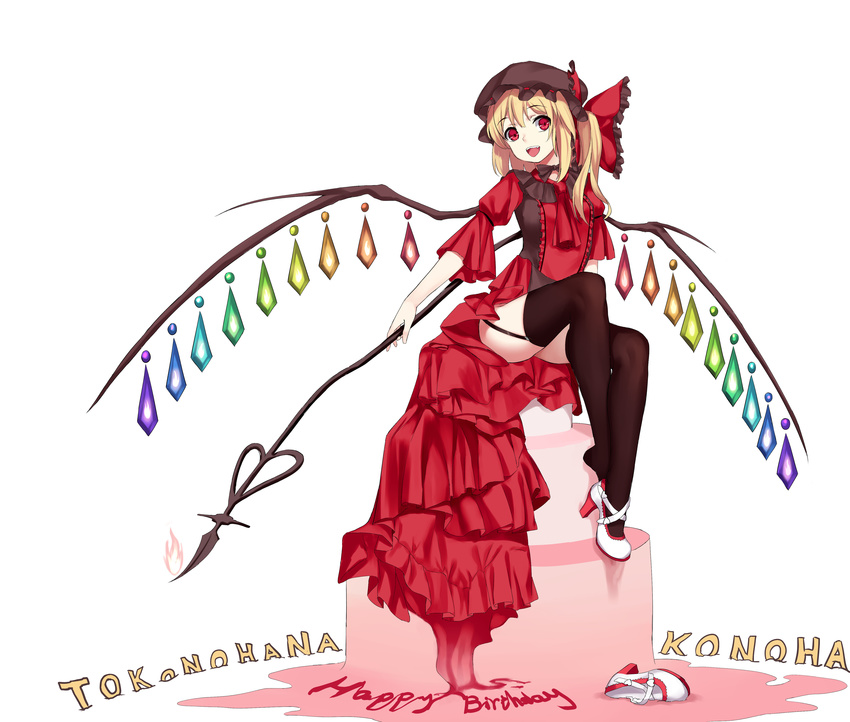 absurdres adapted_costume black_hat black_legwear blonde_hair flandre_scarlet frilled_skirt frills full_body garter_straps happy_birthday hat hat_ribbon high_heels highres holding holding_weapon laevatein long_hair mob_cap open_mouth red_eyes red_ribbon red_skirt ribbon shoes shoes_removed side_ponytail single_shoe sitting skirt smile solo thighhighs touhou weapon white_background white_footwear wings zi_se