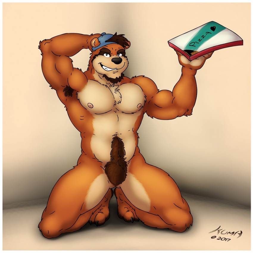 anthro armpit_hair bear beard biceps chest_tuft facial_hair food fur hair hat jeykey95 kneeling kuma male mammal muscular muscular_male nipples nude pecs pizza pubes simple_background smile solo tuft