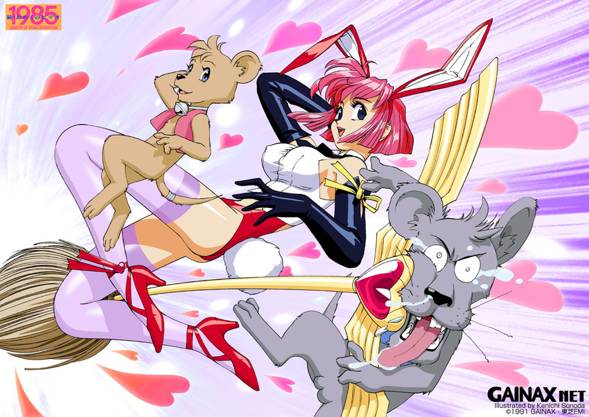 1girl 90s animal animal_ears artist_name bell black_gloves blue_eyes bob_cut broom bunny_ears bunnysuit copyright_name dated elbow_gloves gainax gloves heart high_heels looking_at_viewer misty_may nega-king official_art open_mouth otaku_no_video pink_hair pink_legwear posi-king short_hair sonoda_ken'ichi thighhighs watermark