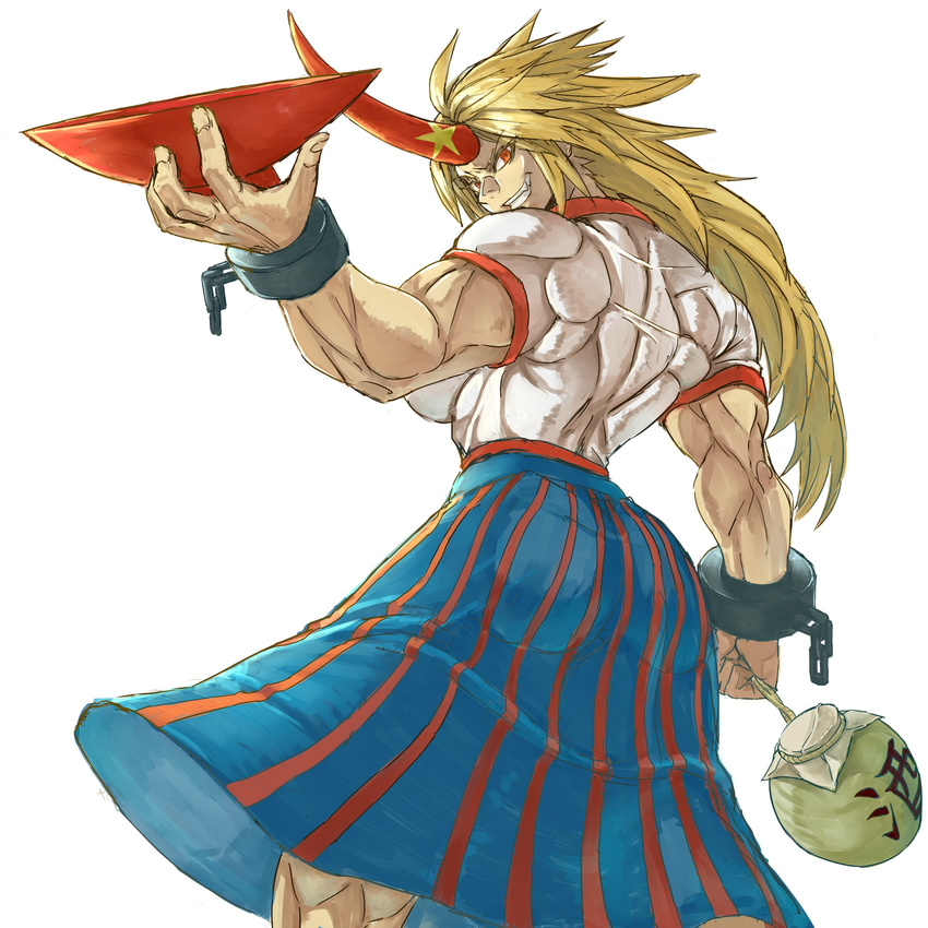 ass bottle broken broken_chain chain commentary_request cowboy_shot cuffs fang from_behind grin gym_shirt highres hoshiguma_yuugi long_hair muscle muscular_female oni_horns red_eyes sake_bottle shackles shirt smile solo touhou translated yostel