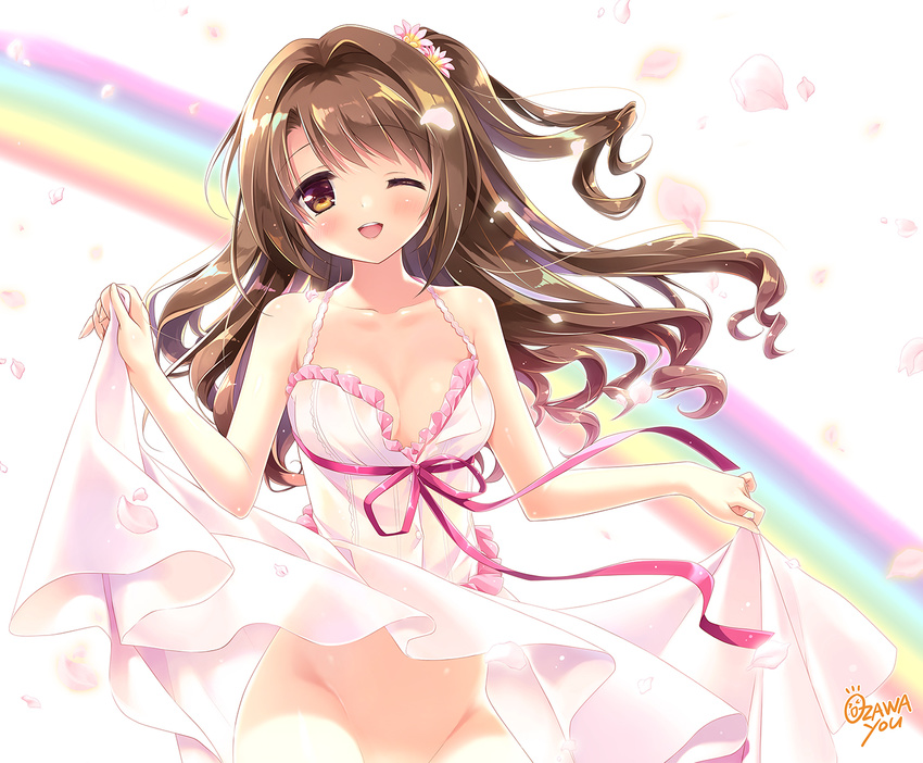 ;d artist_name bangs blush breasts brown_eyes brown_hair cleavage commentary_request cover cover_page doujin_cover dress dress_lift flower frilled_dress frills hair_flower hair_ornament halter_dress idolmaster idolmaster_cinderella_girls long_hair looking_at_viewer medium_breasts no_bra no_panties one_eye_closed one_side_up open_mouth out-of-frame_censoring ozawa_yuu petals pink_dress pink_ribbon rainbow ribbon shimamura_uzuki smile solo sundress swept_bangs