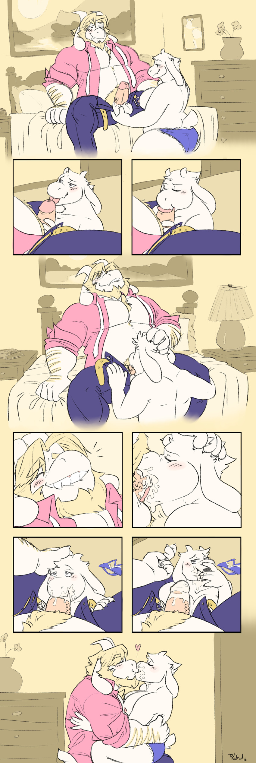 2016 anthro asgore_dreemurr balls bed bedroom belt blush body_hair boss_monster bra breasts butt caprine clothed clothing comic cum cum_in_mouth cum_inside dresser duly_noted erection fellatio female fur goat hair hi_res kissing male male/female mammal mostly_nude musclegut nipples oral panties penis pubes sex slightly_chubby snowballing toriel undertale underwear video_games