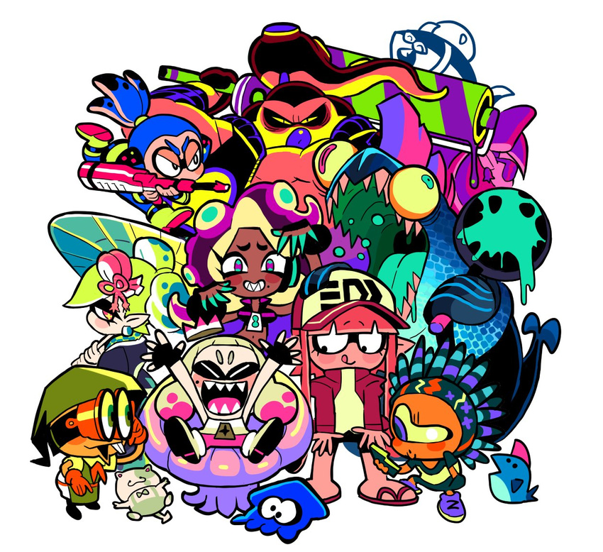 aqua_eyes aqua_nails baseball_cap bike_shorts blue_hair blush_stickers boots buck_teeth bukichi_(splatoon) carrying cat chair chum_(splatoon) closed_eyes crop_top crown dark_skin domino_mask dress earrings fingerless_gloves frying_pan gashi-gashi gloves green_hair hair_ornament half-closed_eyes hat headphones hime_(splatoon) hotaru_(splatoon) iida_(splatoon) inkling japanese_clothes jellyfish jewelry kimono kojajji-kun_(splatoon) looking_at_viewer mask midriff mole mole_under_eye mole_under_mouth multicolored_hair multiple_boys multiple_girls nail_polish navel octarian octo_samurai one-eyed open_mouth pink_legwear pointy_ears ponytail purple_hair salmonid sharp_teeth short_jumpsuit simple_background sitting slippers smile spiky_(splatoon) splatoon_(series) splatoon_2 squid squidbeak_splatoon symbol-shaped_pupils teeth tentacle_hair two-tone_hair umbrella white_background white_footwear white_hair zipper_pull_tab