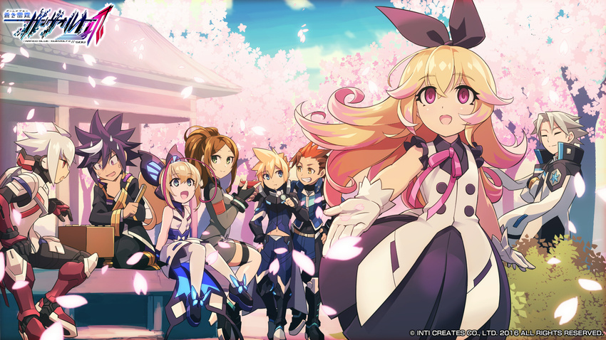 5boys acura_(gunvolt) arm_around_shoulder azure_striker_gunvolt azure_striker_gunvolt_2 blonde_hair board_game bow braid bush cherry_blossoms dress fingerless_gloves gino_(gunvolt) gloves go gunvolt hair_bow hanami hatakeyama_yoshitaka highres logo long_hair lumen_(gunvolt) monica_(gunvolt) multiple_boys multiple_girls mysterious_girl_(gunvolt) official_art petals pink_eyes playing_games shiden_(gunvolt) sitting sleeveless sleeveless_dress smile tenjian_(gunvolt) tree white_gloves