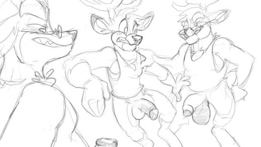 2017 balls bottomless cervine clothed clothing deer digital_media_(artwork) eyewear flaccid furfragged hi_res imminent_rape imminent_sex male male/male mammal monochrome moobs penis simple_background sino sketch slightly_chubby smile surprise white_background