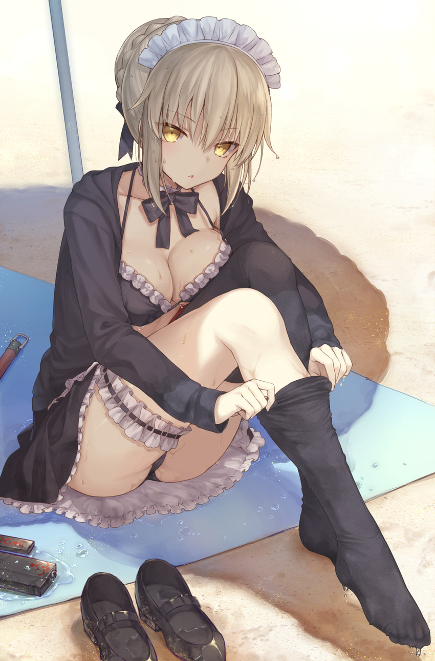 artoria_pendragon_(all) artoria_pendragon_(swimsuit_rider_alter) ass beach bikini black_bikini black_legwear blonde_hair bow braid breasts cleavage day eyebrows_visible_through_hair fate/grand_order fate/stay_night fate_(series) french_braid frilled_bikini_top frills gothic_lolita highres lolita_fashion long_hair looking_at_viewer maid_headdress mashu_003 mat medium_breasts no_shoes sand shoes_removed sock_pull solo swimsuit thighhighs wet wet_hair wet_socks yellow_eyes