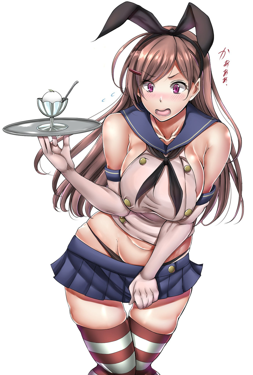 ahoge animal_ears bare_shoulders belly black_panties blue_skirt breasts brown_hair bunny_ears buttons collarbone cosplay covering covering_crotch cowboy_shot elbow_gloves embarrassed eyebrows_visible_through_hair food gloves hair_ornament hairclip highres holding holding_tray ice_cream kantai_collection large_breasts long_hair mamiya_(kantai_collection) miniskirt open_mouth panties pleated_skirt plump purple_eyes red_legwear rihitozoire sailor_collar shimakaze_(kantai_collection) shimakaze_(kantai_collection)_(cosplay) sideboob simple_background skindentation skirt solo straight_hair striped striped_legwear thigh_gap thighhighs thong tray undersized_clothes underwear white_background white_gloves white_legwear