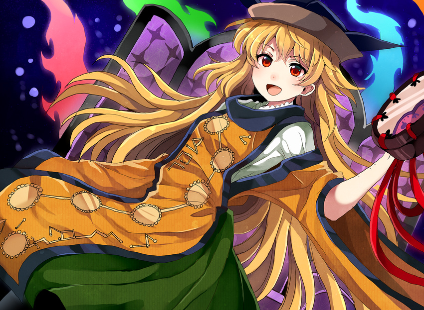 aura bangs blonde_hair commentary_request green_skirt hat holding_mirror long_hair long_sleeves looking_at_viewer matara_okina open_mouth red_eyes sameya skirt smile solo tabard touhou very_long_hair wide_sleeves