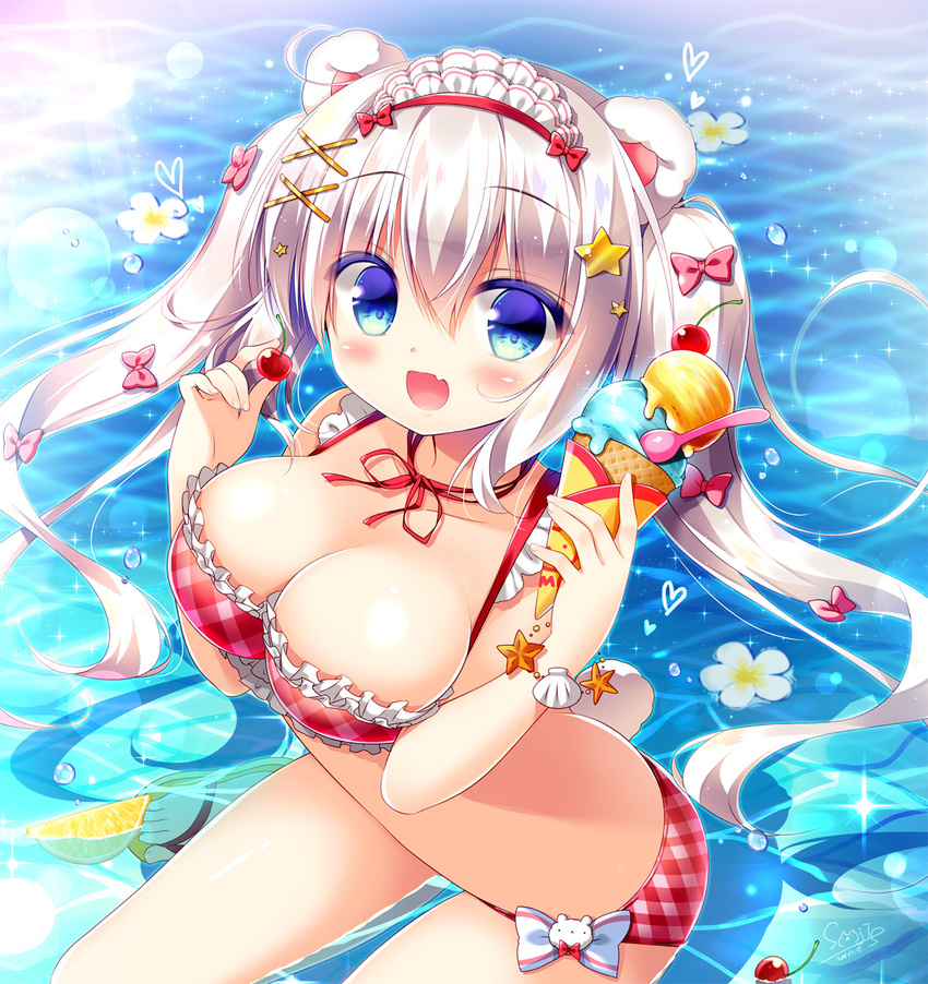 :d animal_ears argyle_bikini bangs bear_ears bear_girl bear_tail bikini blue_eyes blush bow breasts cherry choker cleavage commentary_request day eyebrows_visible_through_hair fang floating floating_object flower food frilled_bikini_top frills fruit hair_between_eyes hair_bow hair_ornament hairclip headdress heart highres holding holding_food holding_fruit ice_cream ice_cream_cone ice_cream_spoon large_breasts lemon long_hair open_mouth original pink_bow red_bikini red_choker ribbon_choker sandals sasai_saji seashell seashell_bracelet shell sidelocks signature silver_hair smile solo spoon star star_hair_ornament starfish sunlight swimsuit tail twintails very_long_hair wading water water_drop x_hair_ornament