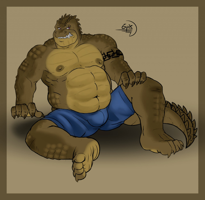 4_toes 6pklion abs anthro biceps big_abs biped bulge claws clenched_teeth clothed clothing crocodile crocodilian digital_media_(artwork) feet hi_res male musclegut muscular muscular_male nipples pants pecs reptile scales scalie sharp_teeth simple_background sitting solo stocky tattoo teeth toes topless