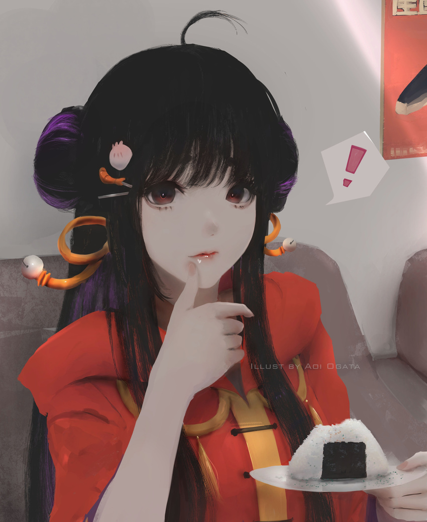 1girl absurdres ahoge aoi_ogata bangs bell black_hair closed_mouth commentary commission food hair_ornament hairclip highres holding holding_plate lips long_hair looking_at_viewer onigiri original plate red_eyes solo spoken_exclamation_mark