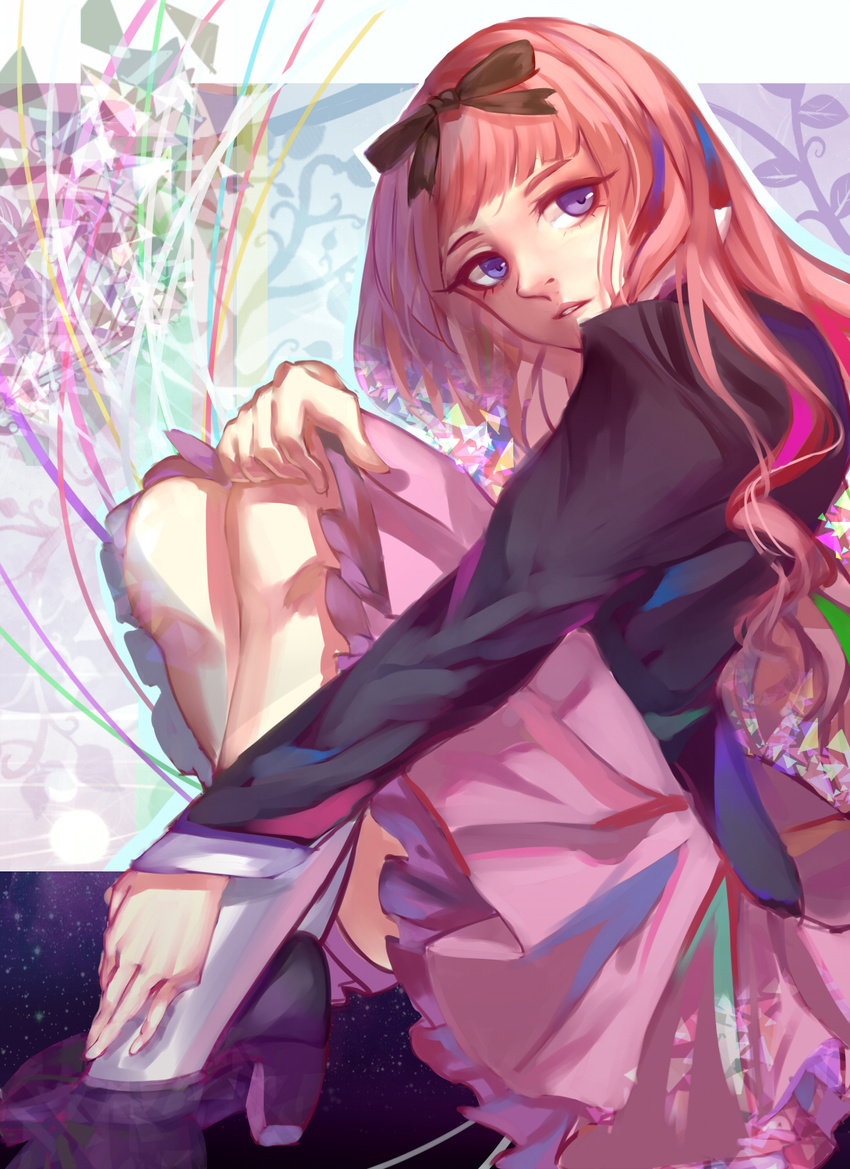 aiha_(noragami) bow etude highres long_hair noragami pink_hair purple_eyes sitting skirt solo wavy_hair