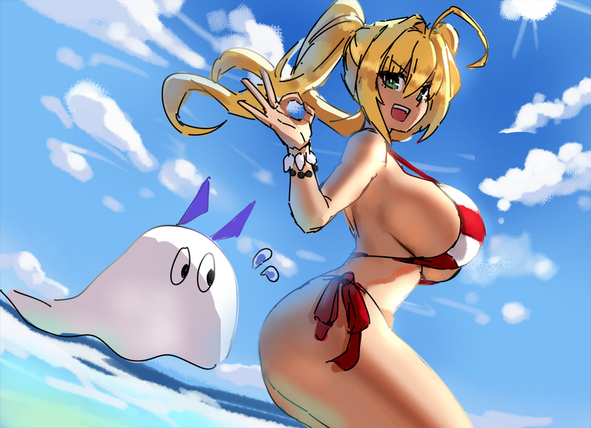 ahoge bare_shoulders bikini blonde_hair breasts eu03 fate/grand_order fate_(series) green_eyes huge_breasts medjed multiple_girls nero_claudius_(fate)_(all) nero_claudius_(swimsuit_caster)_(fate) nitocris_(fate/grand_order) nitocris_(swimsuit_assassin)_(fate) red_bikini side-tie_bikini sideboob striped striped_bikini swimsuit thighs