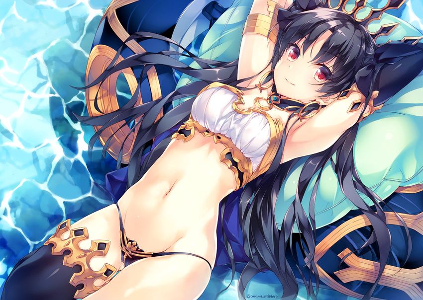 amami_mikihiro armlet armpits arms_behind_head arms_up ass_visible_through_thighs bandeau black_hair black_legwear black_panties bow breasts cleavage closed_mouth detached_collar earrings eyebrows_visible_through_hair fate/grand_order fate_(series) hair_bow hoop_earrings ishtar_(fate/grand_order) jewelry long_hair looking_at_viewer lying medium_breasts midriff navel on_back panties red_eyes single_sleeve single_thighhigh smile solo strapless thighhighs underwear water