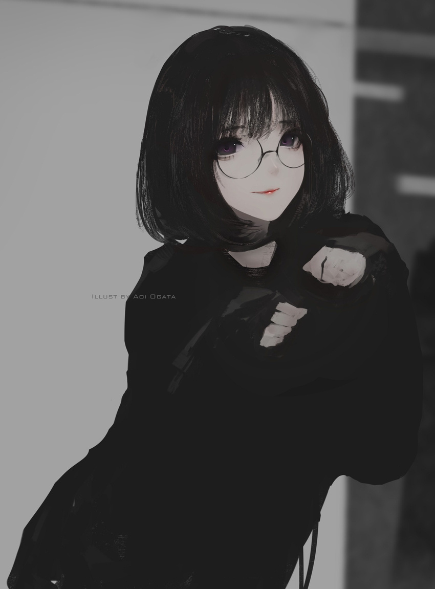 absurdres aoi_ogata artist_name black black-framed_eyewear black_hair black_shirt closed_mouth commentary glasses highres long_hair long_sleeves looking_at_viewer original paw_pose red_lips round_eyewear shirt smile solo