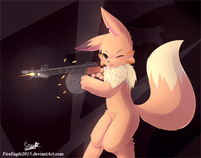 &lt;3 blush chest_fur cute eevee fan_character firing gun male nintendo pok&eacute;mon ppsh-41 ranged_weapon senz shooting video_games weapon