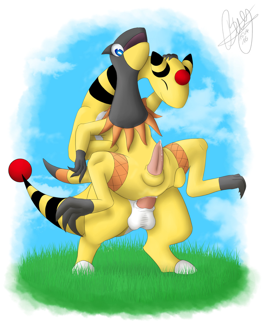 2016 ampharos anal anal_penetration animal_genitalia anthro balls cum cum_on_penis detailed_background duo erection heliolisk male male/male nintendo outside penetration penis pok&eacute;mon reezythegarchomp sex sheath stand_and_carry_position standing video_games