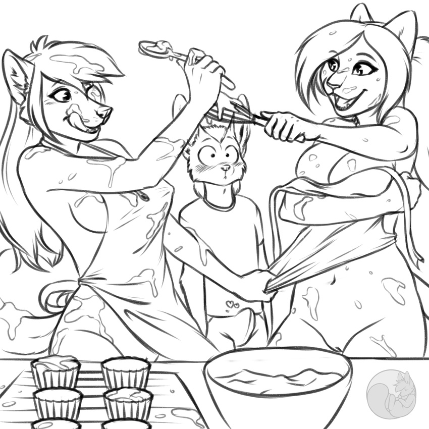 &lt;3 anthro apron black_and_white blush breasts canine clothed clothing cooking cream duo_focus erection erection_under_clothes feline female group hi_res kitchen male mammal messy monochrome naked_apron nateday navel pussy semira skimpy standing swanson