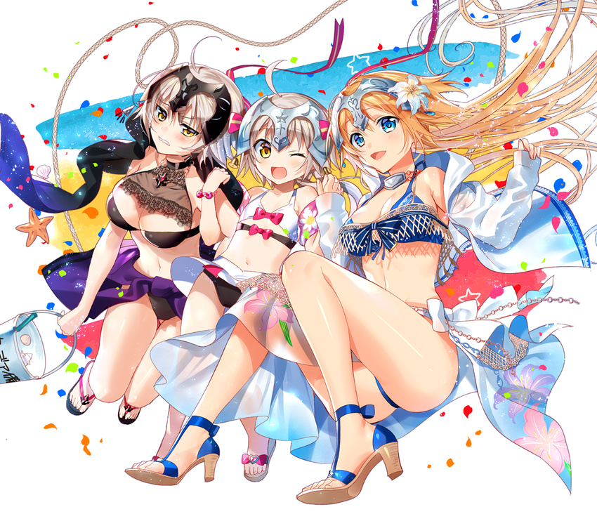 ;d bangs between_legs bikini bikini_skirt black_bikini black_scarf blonde_hair blue_bikini blue_eyes blush bucket clenched_teeth commentary_request fate/grand_order fate_(series) floating_hair flower grey_hair hair_between_eyes hair_flower hair_ornament halter_top halterneck hands_up headpiece high_heels holding holding_bucket hood hoodie jeanne_d'arc_(alter)_(fate) jeanne_d'arc_(fate) jeanne_d'arc_(fate)_(all) jeanne_d'arc_alter_santa_lily multiple_girls murakami_yuichi navel one_eye_closed open_clothes open_hoodie open_mouth sandals scarf short_hair skirt sleeves_past_wrists smile starfish swimsuit teeth thighs white_bikini white_flower white_skirt yellow_eyes