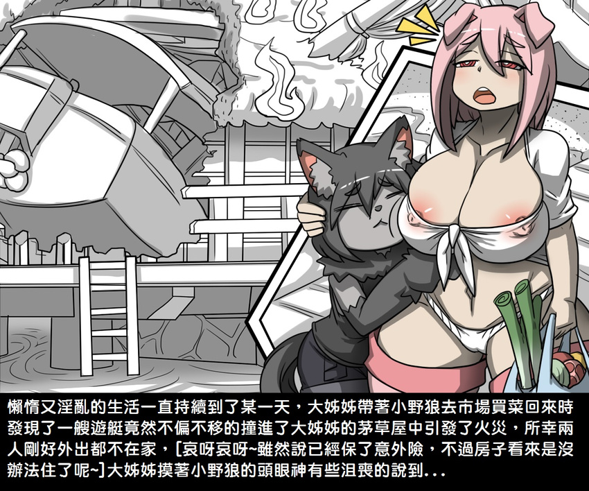 animal_humanoid big_breasts breasts canine chinese_text clothing dr.bug female fire food humanoid mammal panties pig_humanoid porcine simple_background text translation_request underwear white_background wolf