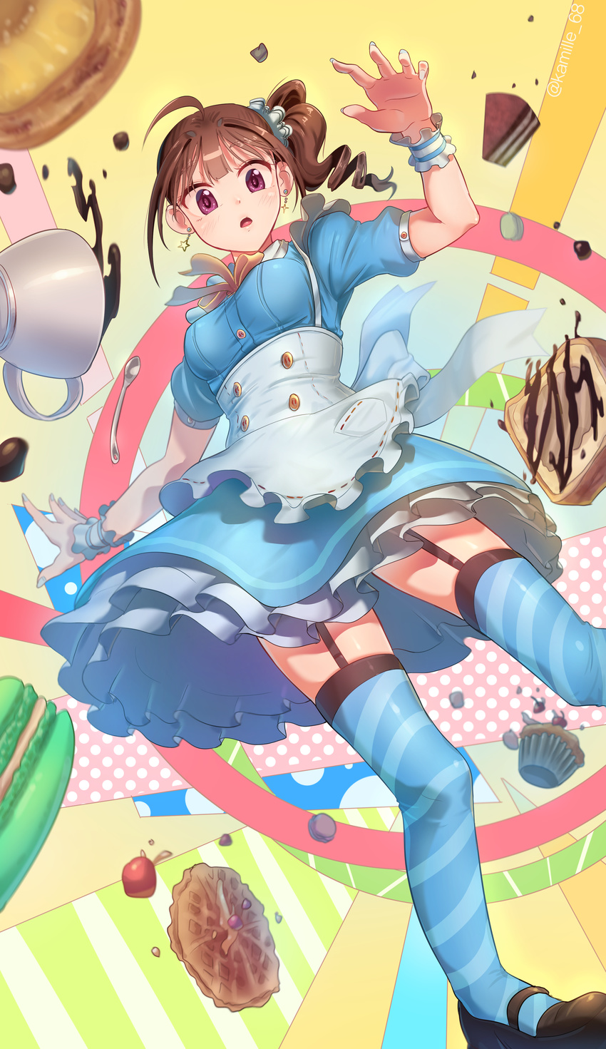 absurdres ahoge blue_legwear blue_nails blush breasts brown_hair cup drill_hair earrings feet_out_of_frame food garter_straps highres idolmaster idolmaster_million_live! jewelry kamille_(vcx68) large_breasts macaron muffin nail_polish parted_lips puffy_short_sleeves puffy_sleeves purple_eyes short_hair short_sleeves solo spoon star star_earrings striped striped_legwear teacup thighhighs twitter_username yokoyama_nao