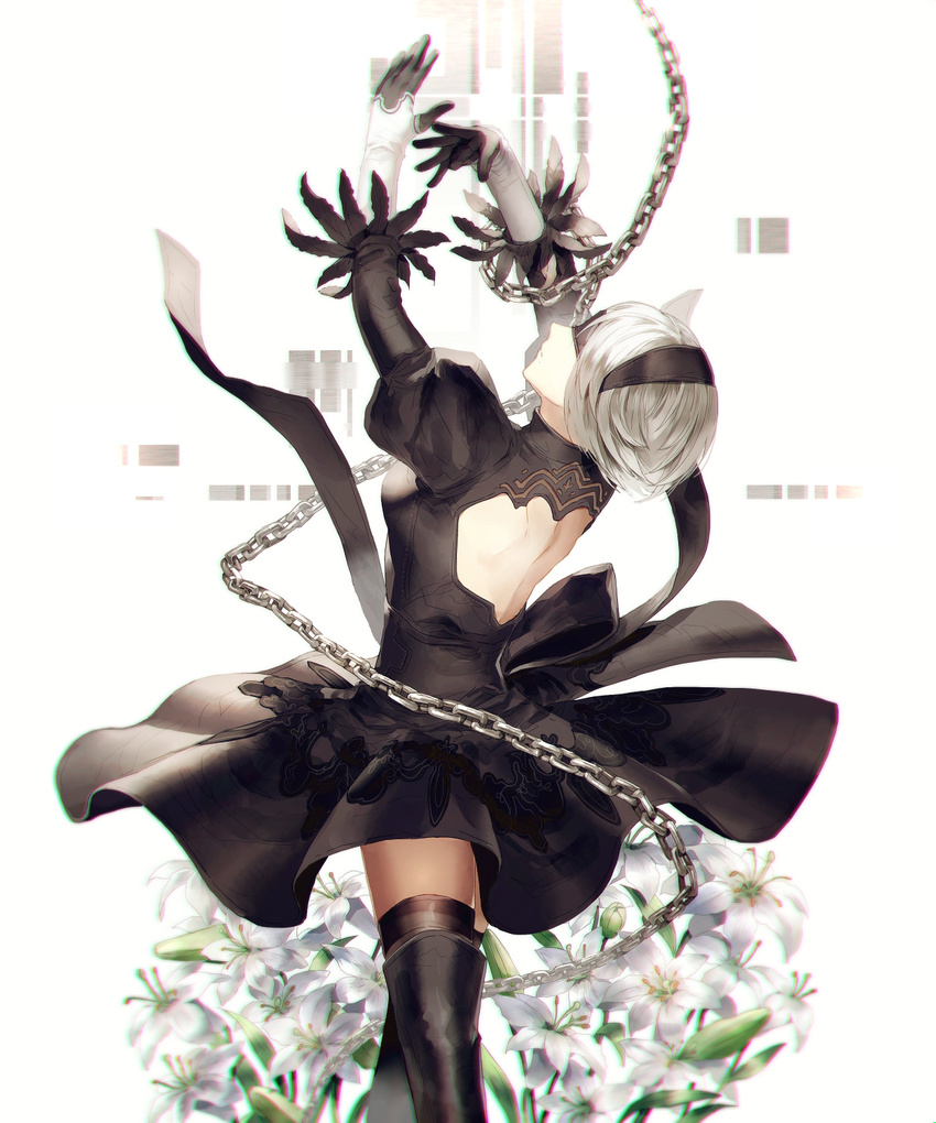 arms_up back_cutout black_dress black_footwear black_hairband blindfold boots breasts chain closed_mouth commentary covered_eyes cowboy_shot dress feather-trimmed_sleeves flower from_behind hairband highres juliet_sleeves long_sleeves looking_up medium_breasts nier_(series) nier_automata puffy_sleeves silver_hair solo sunakumo thigh_boots thighhighs thighhighs_under_boots vambraces yorha_no._2_type_b