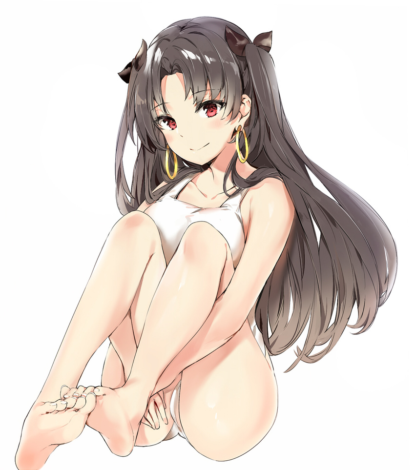 bangs bare_legs barefoot black_bow black_hair blush bow closed_mouth collarbone commentary_request earrings eyebrows_visible_through_hair fate/grand_order fate_(series) feet hair_bow highres hoop_earrings ishtar_(fate/grand_order) jewelry knees_up legs legs_together long_hair long_legs looking_at_viewer one-piece_swimsuit parted_bangs red_eyes silver_(chenwen) simple_background sitting smile soles solo swimsuit thighs toes two_side_up white_background white_swimsuit