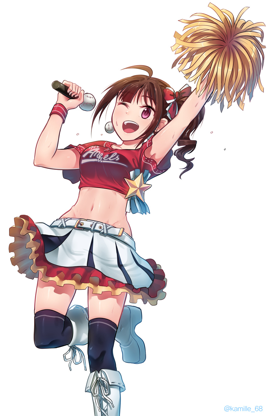 absurdres ahoge arm_up armpits belt black_legwear blush bow breasts cheerleader collarbone crop_top drill_hair eyebrows_visible_through_hair feet_out_of_frame hair_bow highres holding holding_microphone idolmaster idolmaster_million_live! kamille_(vcx68) large_breasts looking_away microphone midriff navel one_eye_closed open_mouth purple_eyes red_bow shiny shiny_skin short_hair skirt skirt_lift smile solo teeth thighhighs white_skirt wind wind_lift wireless wristband yokoyama_nao