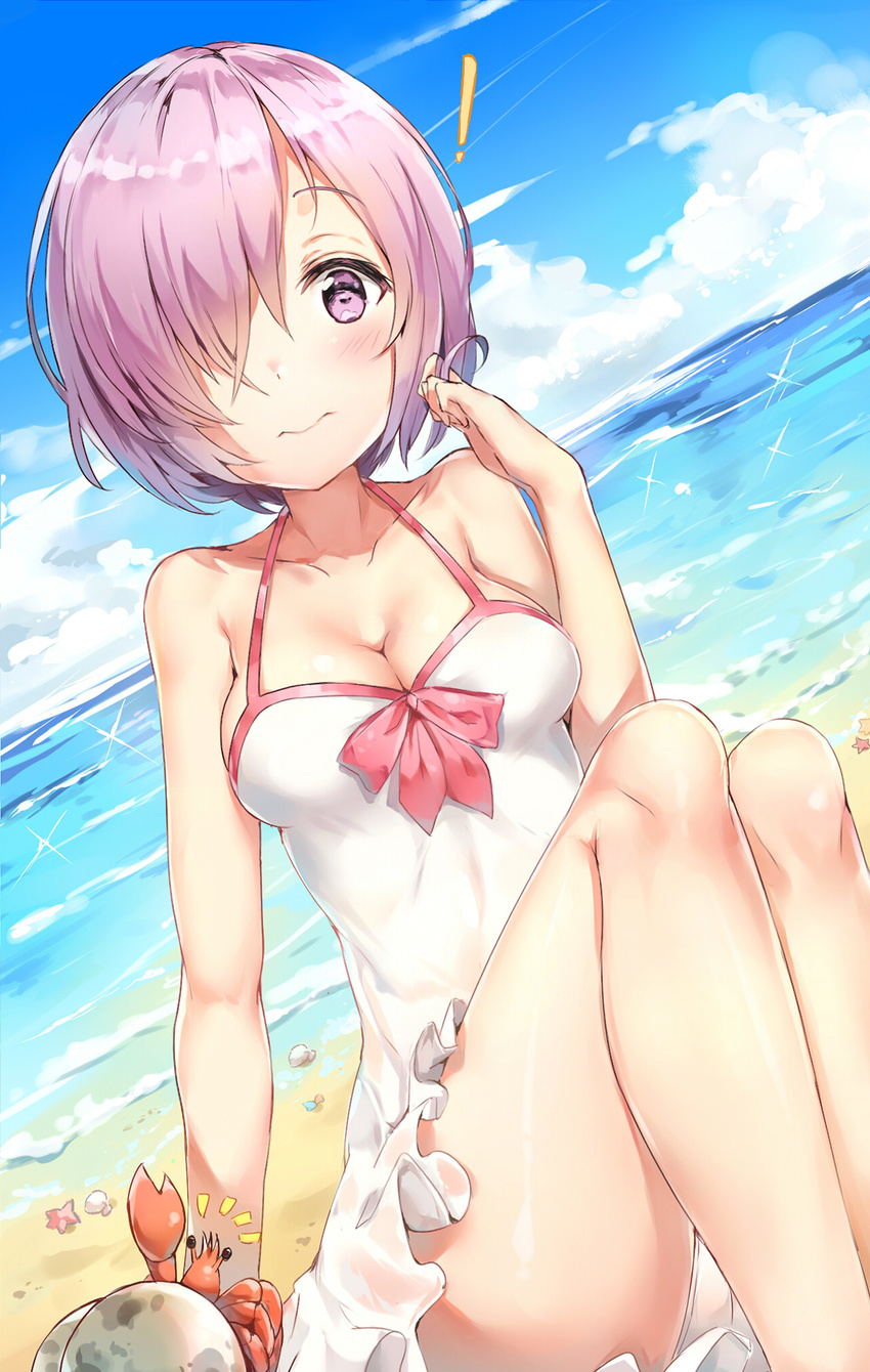 1girl beach blush breasts cleavage closed_mouth collarbone crab day eyebrows_visible_through_hair fate/grand_order fate_(series) ginn_(hzh770121) glasses hair_over_one_eye highres large_breasts looking_at_viewer mash_kyrielight notice_lines ocean purple_eyes purple_hair short_hair sitting solo swimsuit swimsuit_of_perpetual_summer
