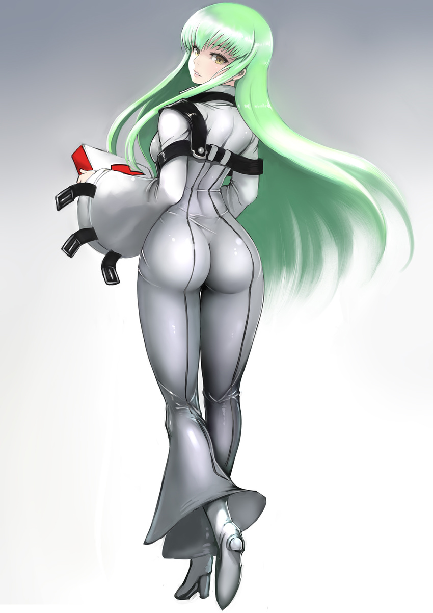 ass bangs bodysuit breasts c.c. code_geass full_body gradient gradient_background green_hair grey_background high_heels highres johan_(johan13) legs long_hair looking_at_viewer medium_breasts pants parted_lips pizza_box pizza_hut skin_tight solo thighs tight tight_pants yellow_eyes