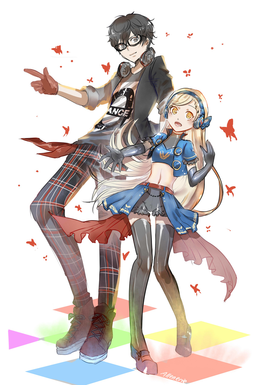 1girl :o absurdres allenerie amamiya_ren artist_name black_gloves black_hair black_legwear black_shorts blonde_hair bug butterfly butterfly_hair_ornament dancing full_body glasses gloves hair_ornament hairband headphones height_difference highres insect lavenza long_hair midriff outstretched_hand pants persona persona_5 persona_5:_dancing_star_night persona_dancing plaid plaid_pants red_gloves shoes shorts spoilers standing thighhighs yellow_eyes