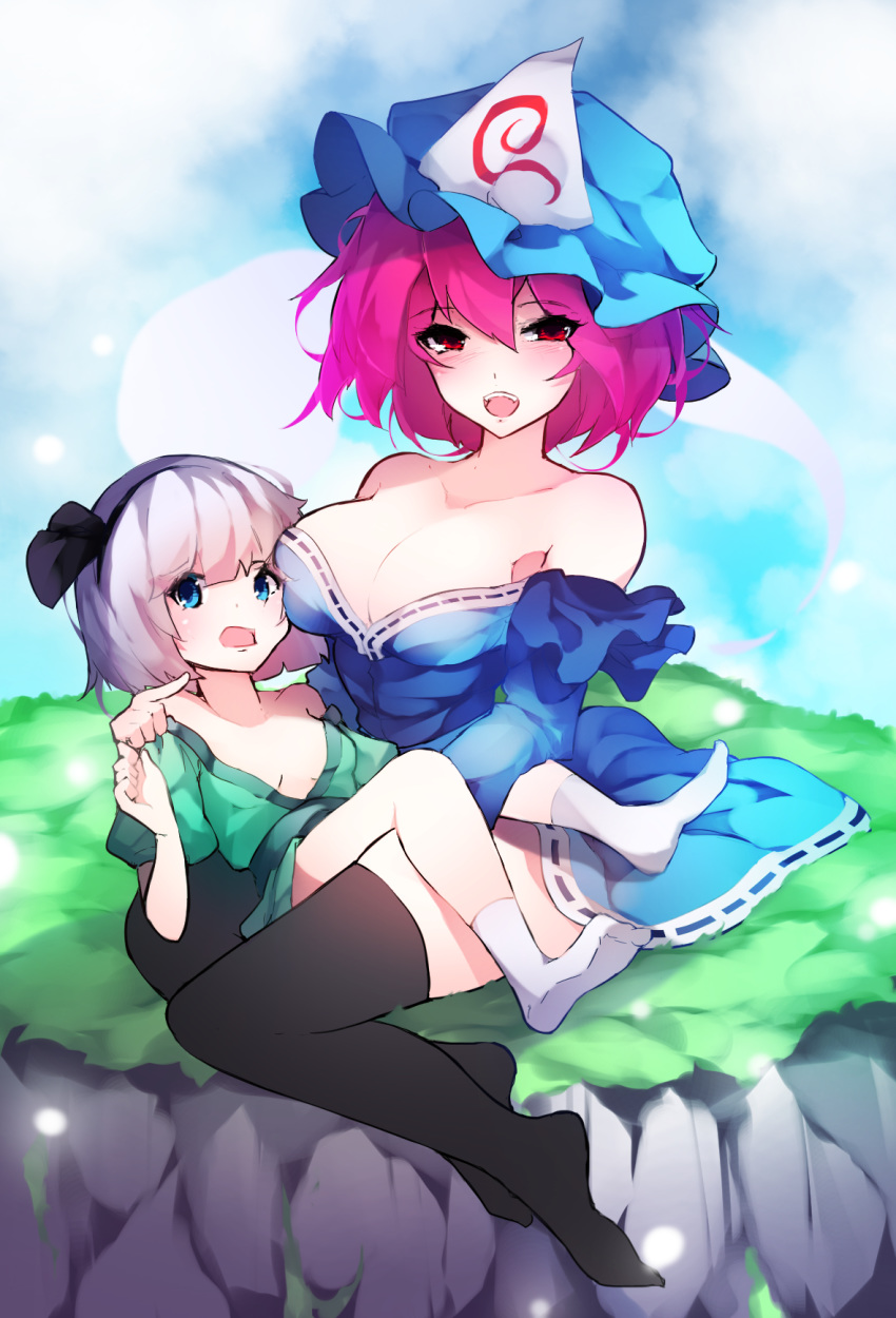 2girls bangs bare_shoulders black_hairband black_legwear black_ribbon blue_dress blue_eyes blue_hat blue_sky breasts chiroru_(cheese-roll) cloud commentary_request day dress eyebrows_visible_through_hair full_body green_kimono hair_between_eyes hair_ribbon hairband hand_up hat highres japanese_clothes kimono konpaku_youmu konpaku_youmu_(ghost) large_breasts long_sleeves looking_at_viewer mob_cap multiple_girls no_shoes off-shoulder_dress off_shoulder open_mouth outdoors pink_hair puffy_short_sleeves puffy_sleeves red_eyes ribbon ribbon_trim saigyouji_yuyuko short_hair short_kimono short_sleeves silver_hair sitting sky small_breasts smile socks thighhighs thighs touhou triangular_headpiece white_legwear zettai_ryouiki