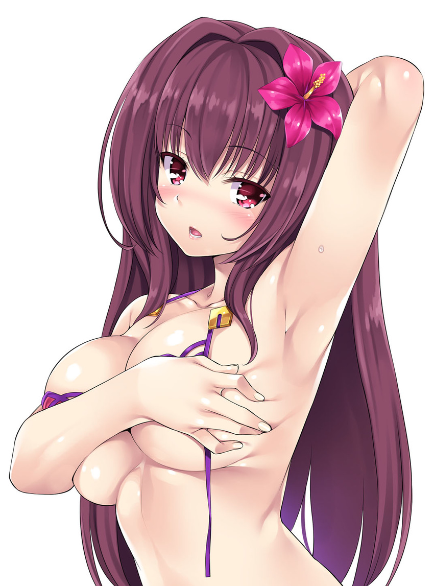 arm_up armpits bangs bikini blush collarbone commentary_request covering covering_chest eyebrows_visible_through_hair fate/grand_order fate_(series) flower hair_flower hair_ornament highres long_hair looking_at_viewer mizuhara_yuu open_mouth purple_bikini purple_eyes purple_flower purple_hair rip@lip scathach_(fate)_(all) scathach_(swimsuit_assassin)_(fate) simple_background solo swimsuit untied untied_bikini upper_body white_background