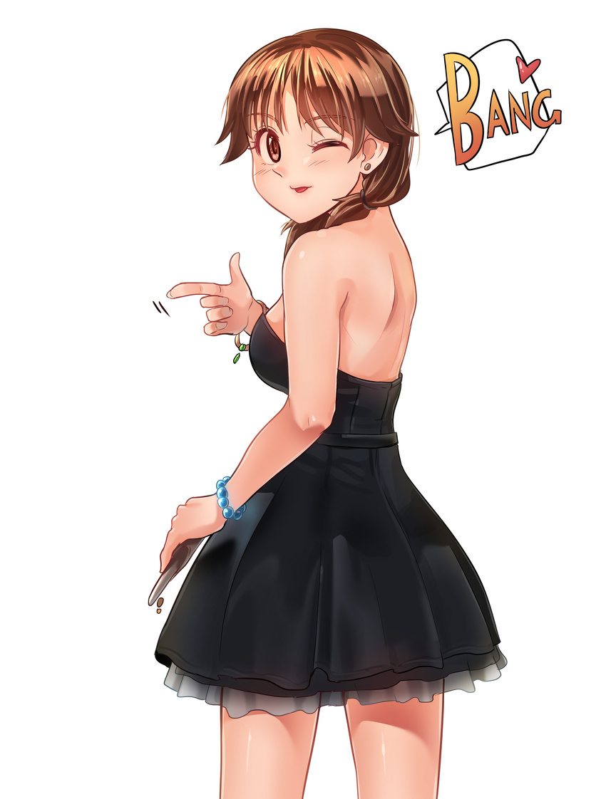 absurdres bang black_dress blush bracelet breasts brown_eyes brown_hair cowboy_shot dress earrings english eyebrows_visible_through_hair finger_gun highres idolmaster idolmaster_cinderella_girls jewelry kamille_(vcx68) katagiri_sanae large_breasts looking_at_viewer medium_hair one_eye_closed parted_lips smile solo speech_bubble