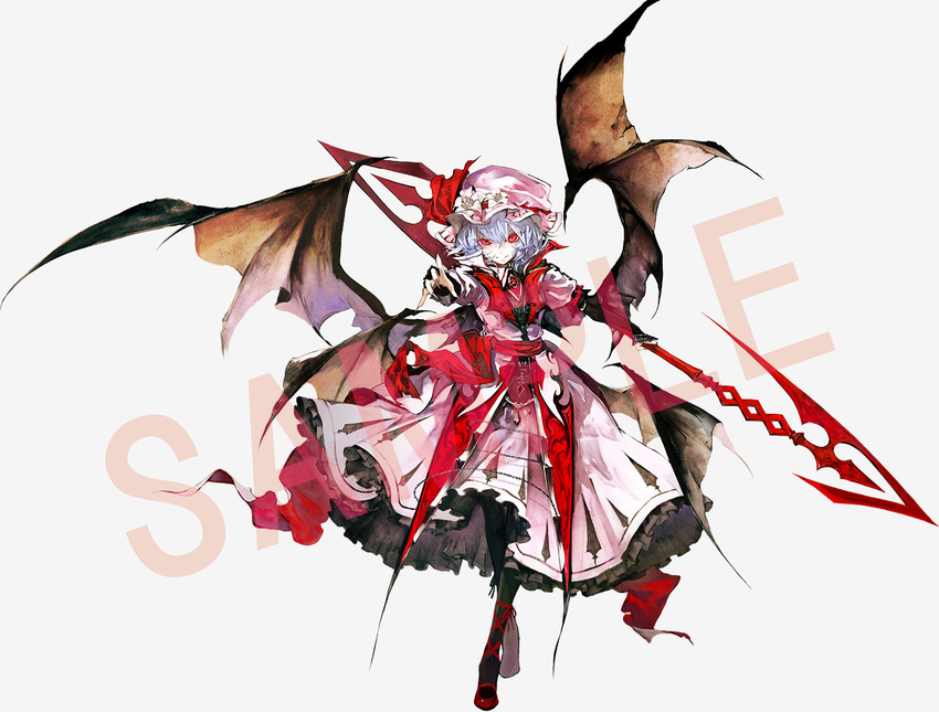 banpai_akira bat_wings black_legwear blue_hair commentary_request crossed_legs dress fingernails full_body hat holding holding_weapon koumajou_densetsu long_fingernails mob_cap outstretched_hand pantyhose pink_dress polearm puffy_sleeves red_eyes red_footwear remilia_scarlet sample shoes solo spear spear_the_gungnir standing touhou vampire weapon wings