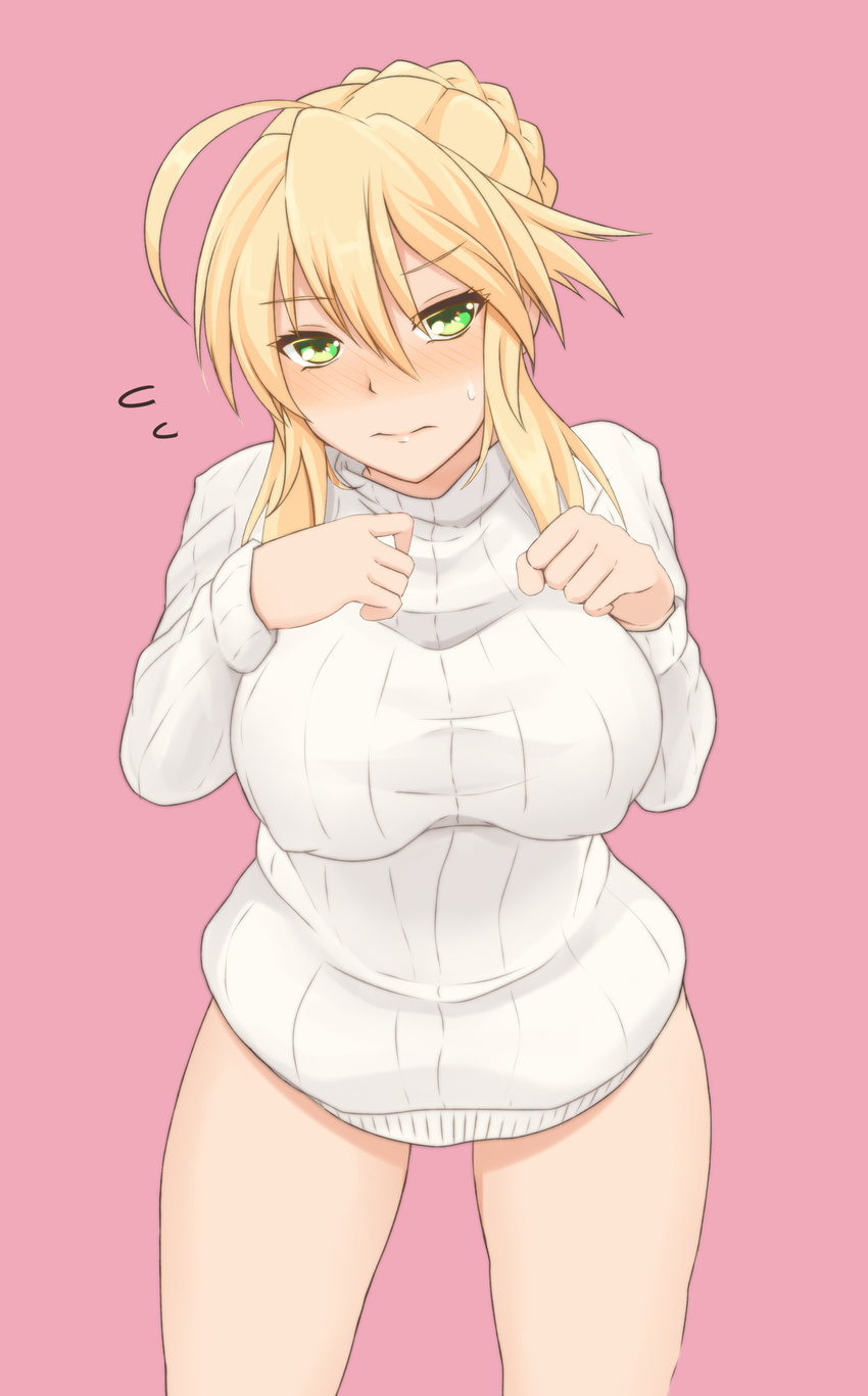 absurdres ahoge artoria_pendragon_(all) artoria_pendragon_(lancer) blonde_hair blush braid breasts covered_nipples cowboy_shot fate/grand_order fate_(series) flying_sweatdrops green_eyes hair_between_eyes hakutakuanta hands_on_own_chest highres large_breasts leaning_forward long_hair looking_at_viewer naked_sweater nose_blush pink_background ribbed_sweater solo sweatdrop sweater thighs turtleneck turtleneck_sweater white_sweater