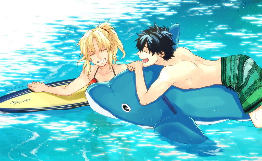 1girl black_hair blonde_hair brilliant_summer fate/apocrypha fate/grand_order fate_(series) fujimaru_ritsuka_(male) grin halterneck inflatable_dolphin inflatable_toy lying male_swimwear mordred_(fate) mordred_(fate)_(all) mordred_(swimsuit_rider)_(fate) ocean on_stomach open_mouth partially_submerged ponytail short_hair smile surfboard swim_trunks swimsuit swimwear t3run