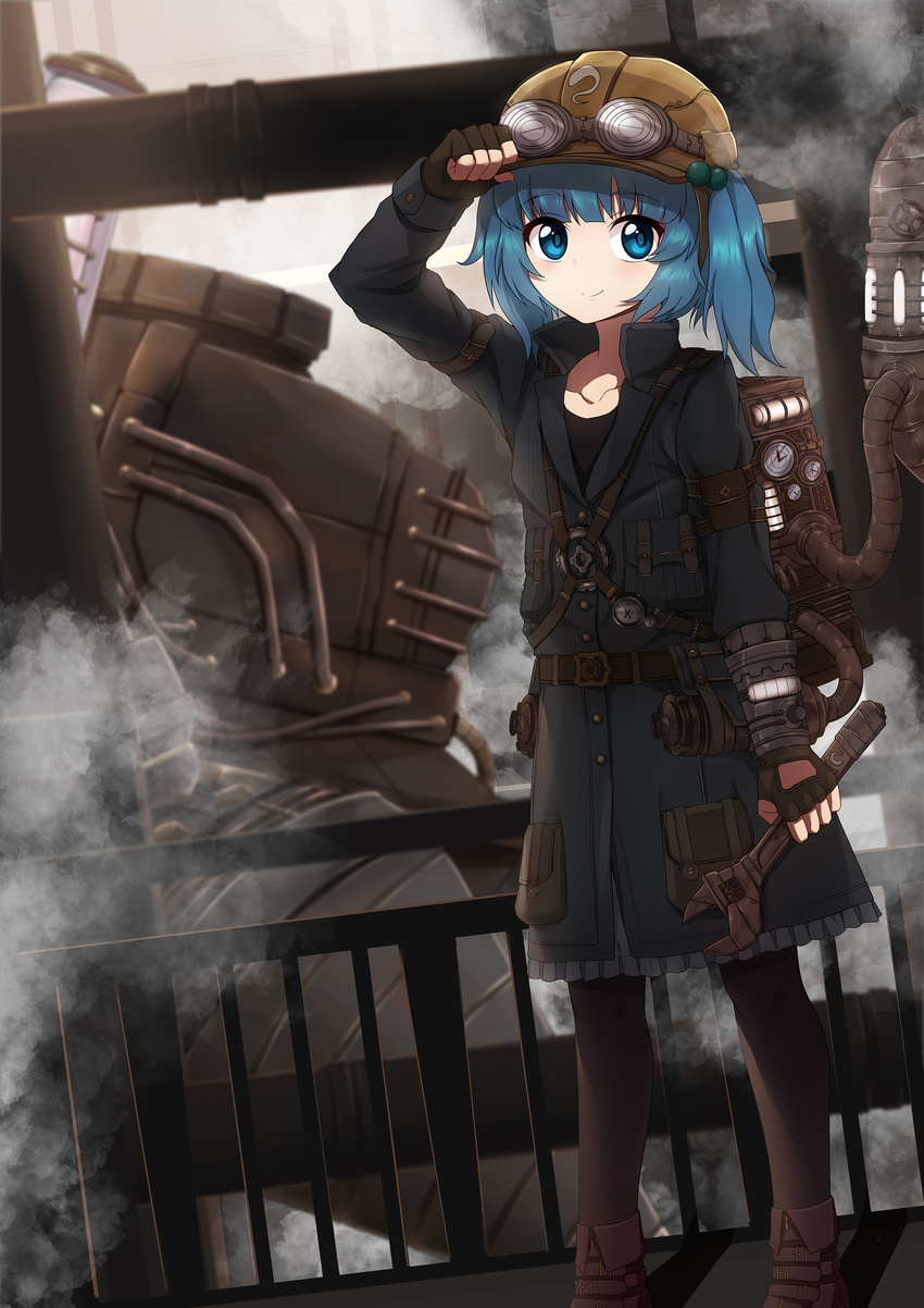 absurdres black_legwear blue_eyes blue_hair boots brown_footwear caibao closed_mouth eyebrows_visible_through_hair goggles goggles_on_headwear hair_bobbles hair_ornament helmet highres kawashiro_nitori looking_at_viewer pantyhose short_hair short_twintails smile solo steampunk touhou twintails wrench