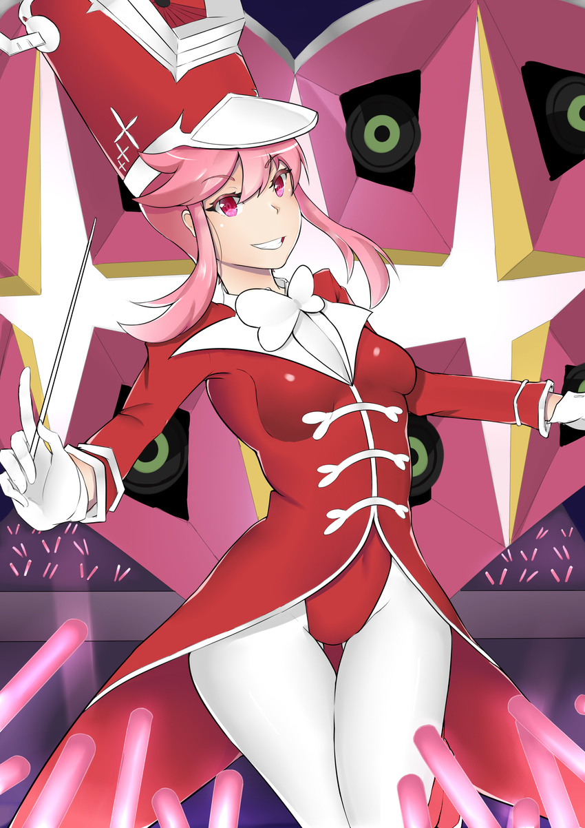 1girl baton breasts conductor curvy female gloves gluteal_fold hat highleg_leotard jakuzure_nonon kill_la_kill leotard pink_hair smile solo symphony_regalia