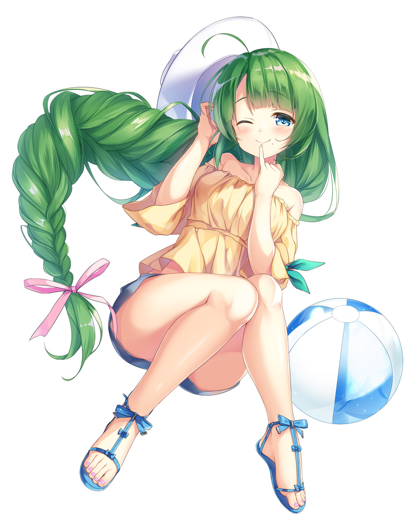 ;) absurdres ahoge ball bare_shoulders beachball blue_eyes blush braid breasts eyebrows_visible_through_hair finger_to_mouth full_body green_hair hair_ribbon hat highres kantai_collection knees_together_feet_apart legs_up long_hair looking_at_viewer mafuyun medium_breasts mole mole_under_mouth off-shoulder_shirt one_eye_closed pinky_out ribbon sandals shirt short_shorts shorts simple_background single_braid smile solo sun_hat toenail_polish toes very_long_hair white_background yuugumo_(kantai_collection)